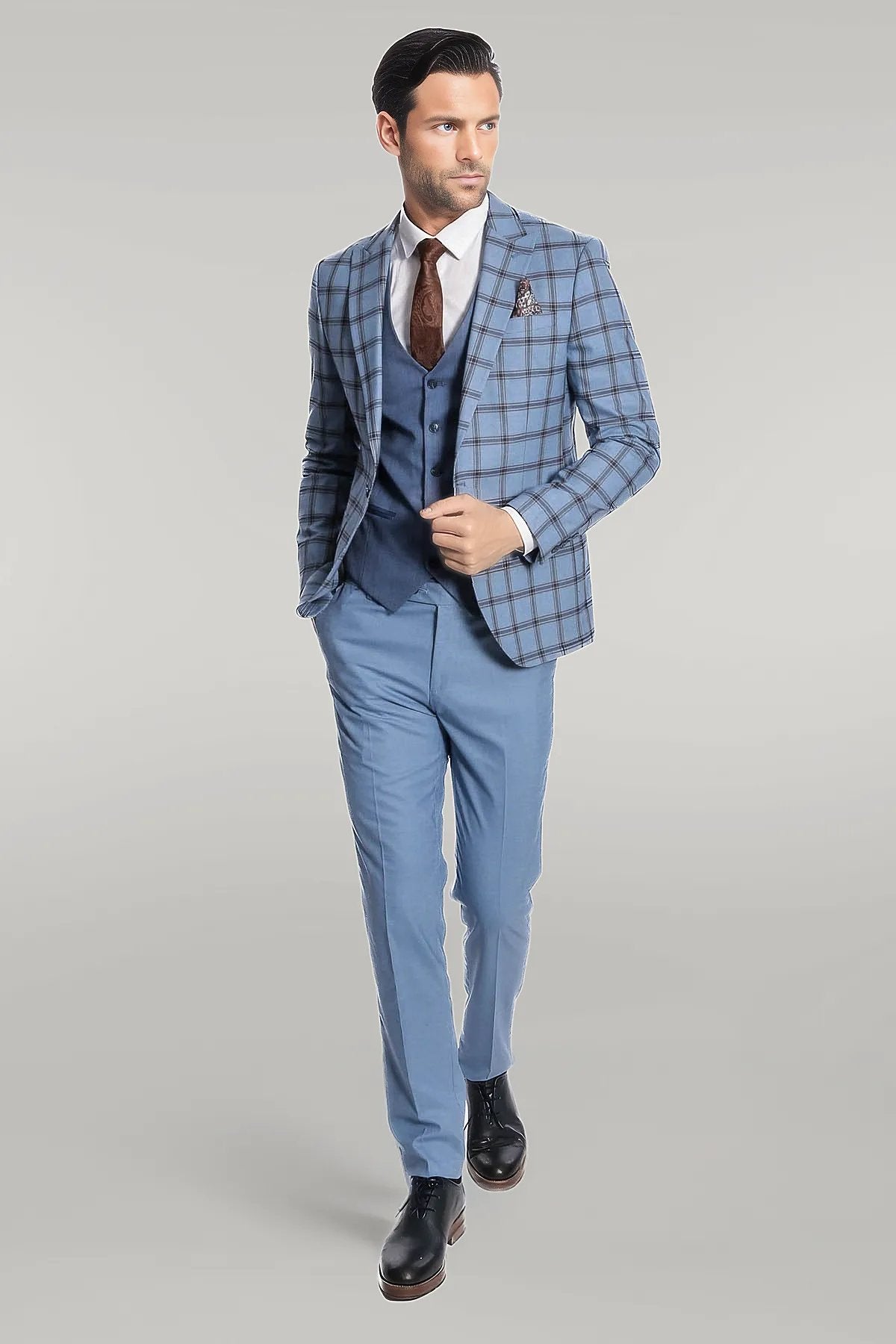 Checked Patterned Slim Fit Blue Men Suit