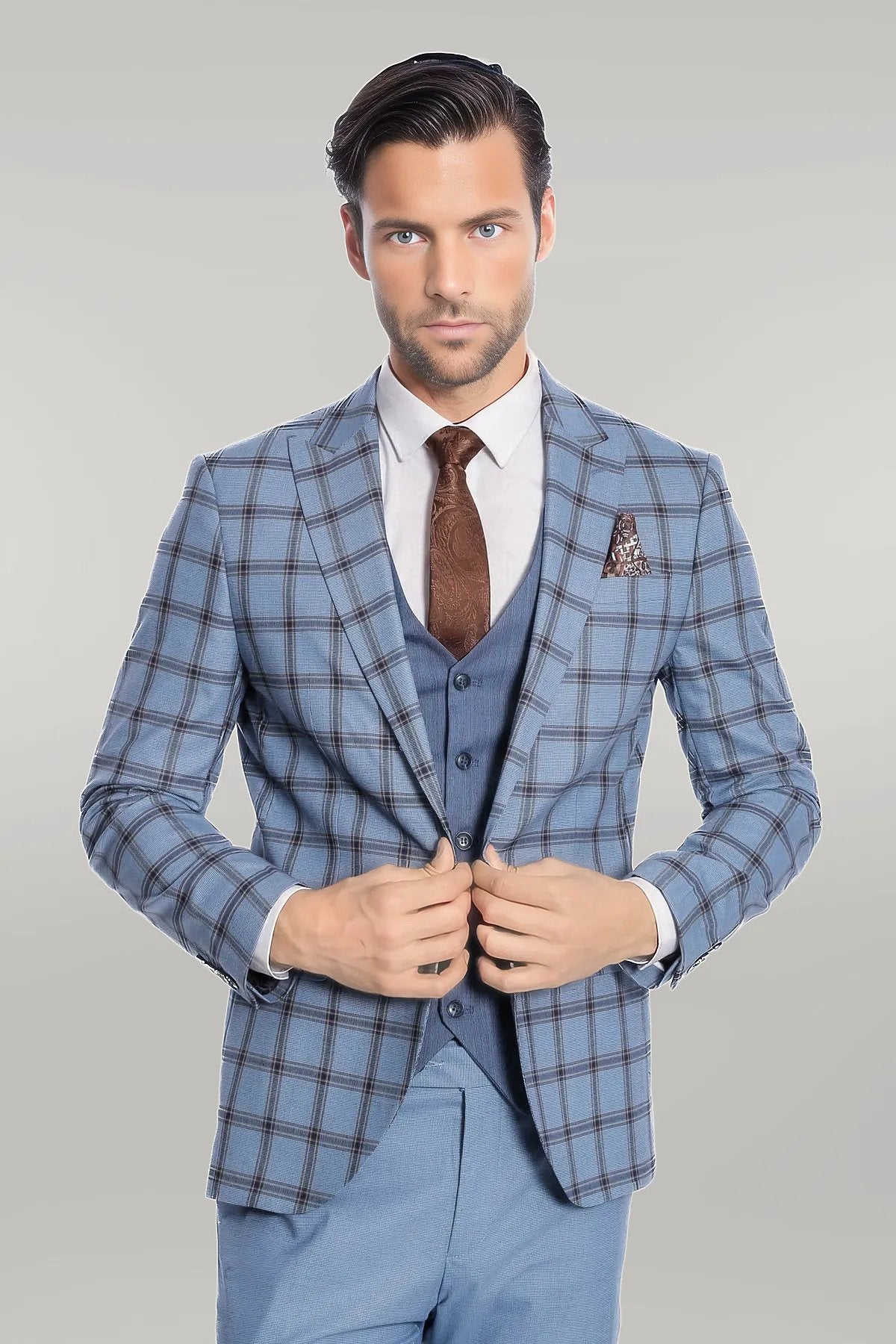 Checked Patterned Slim Fit Blue Men Suit