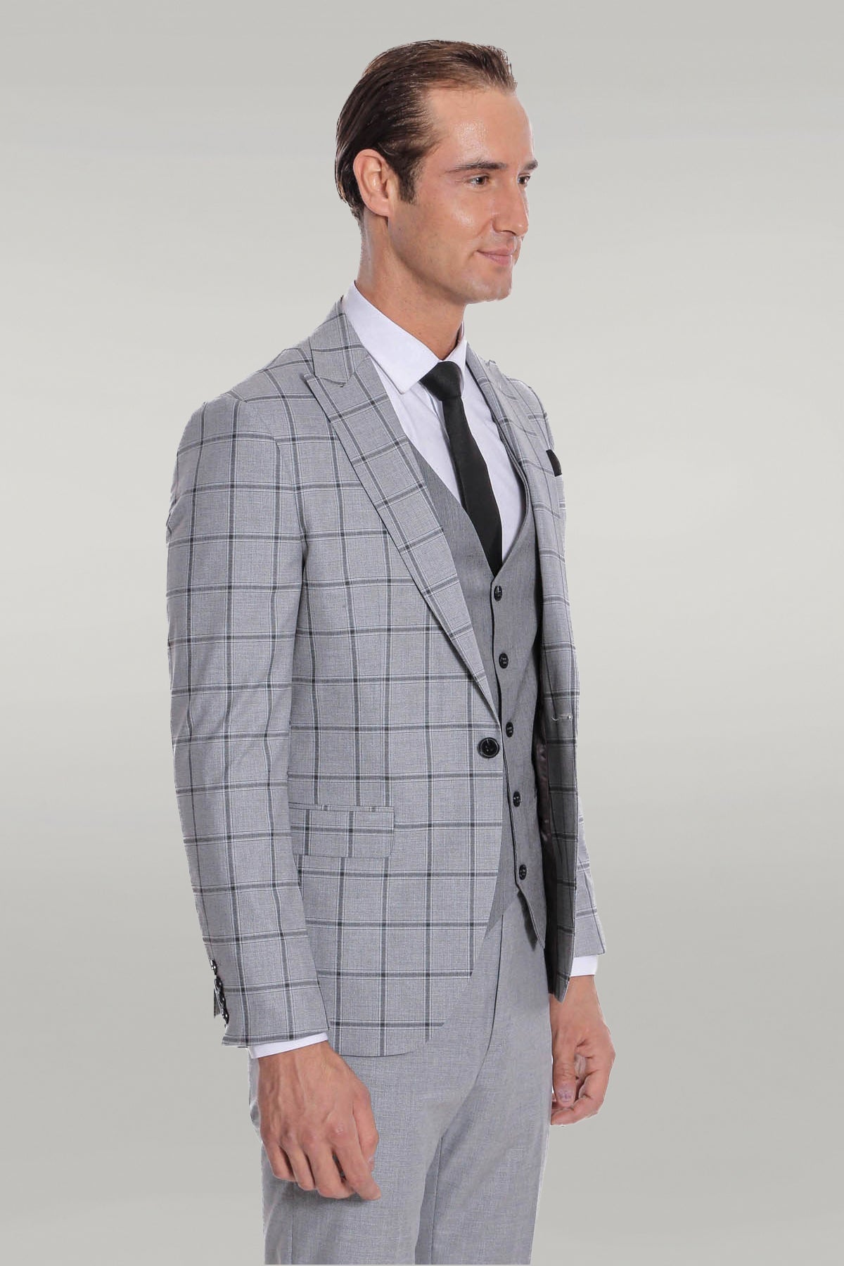 Checked Patterned Slim Fit Grey Men Suit