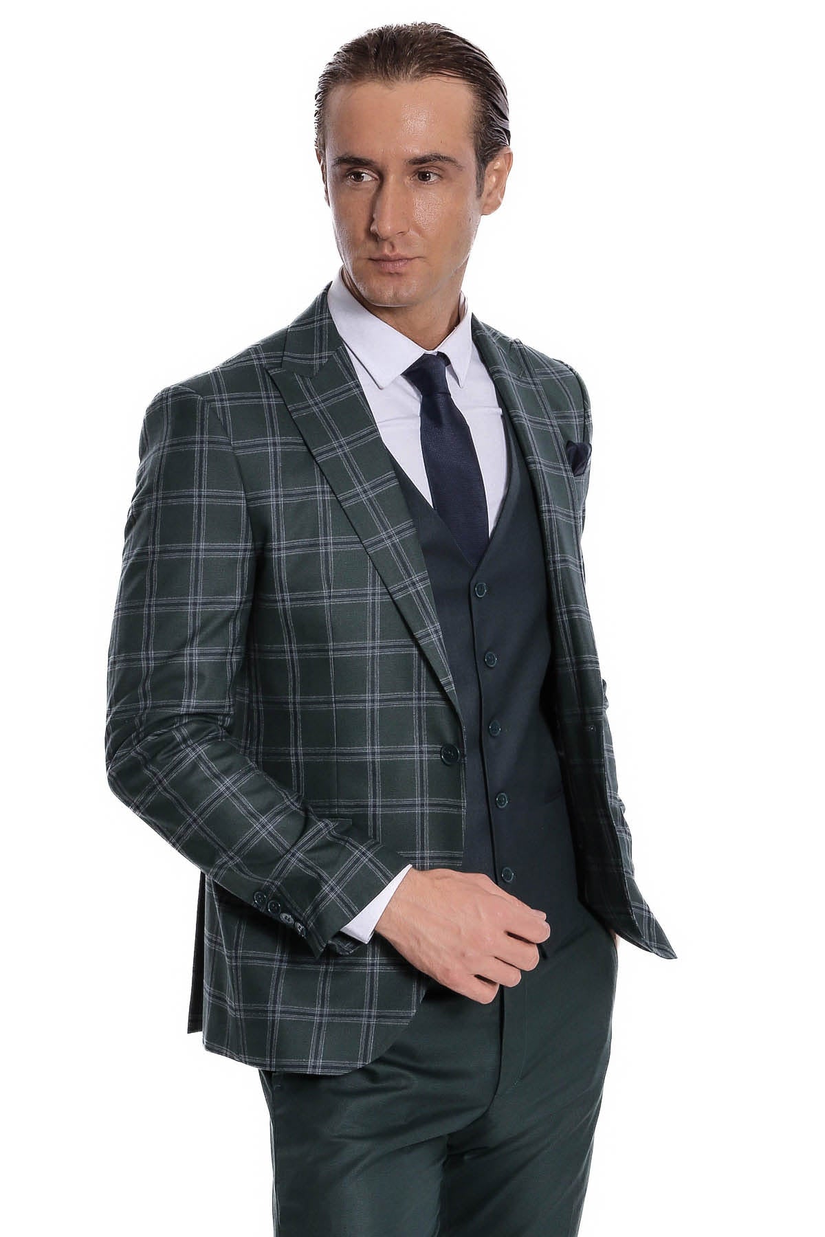 KOALA SYDNEY Checked Patterned Slim Fit Green Men Suit