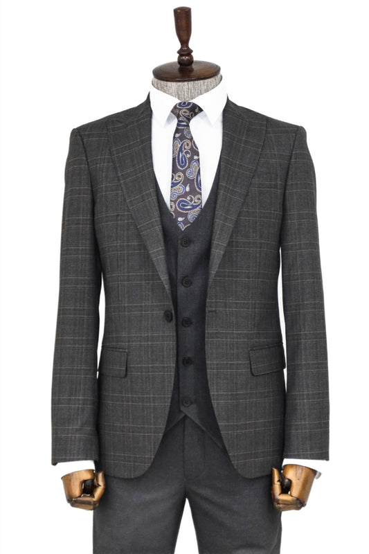 Checked Slim Fit Anthracite Men Suit and Shirt Combination -