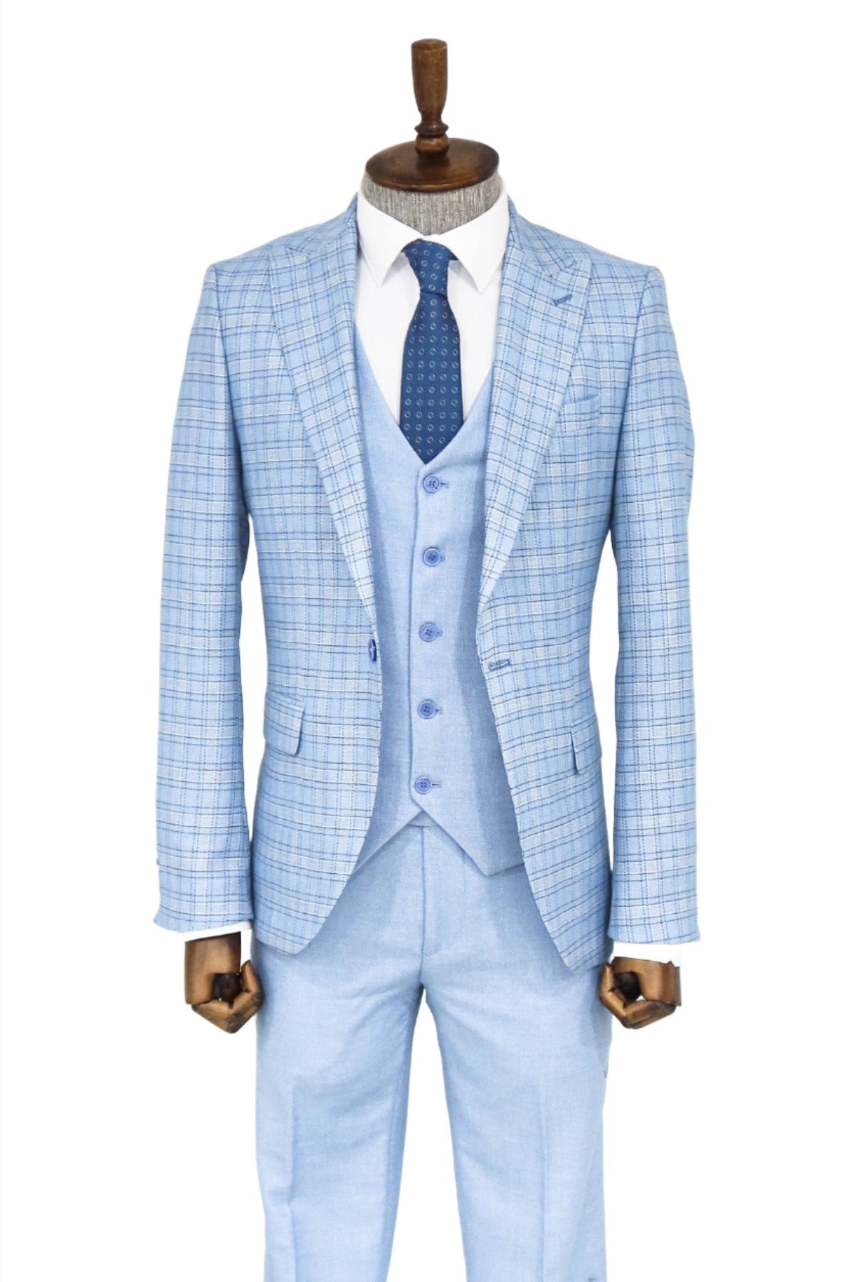 Checked Slim Fit Light Blue Men Suit and Shirt Combination-