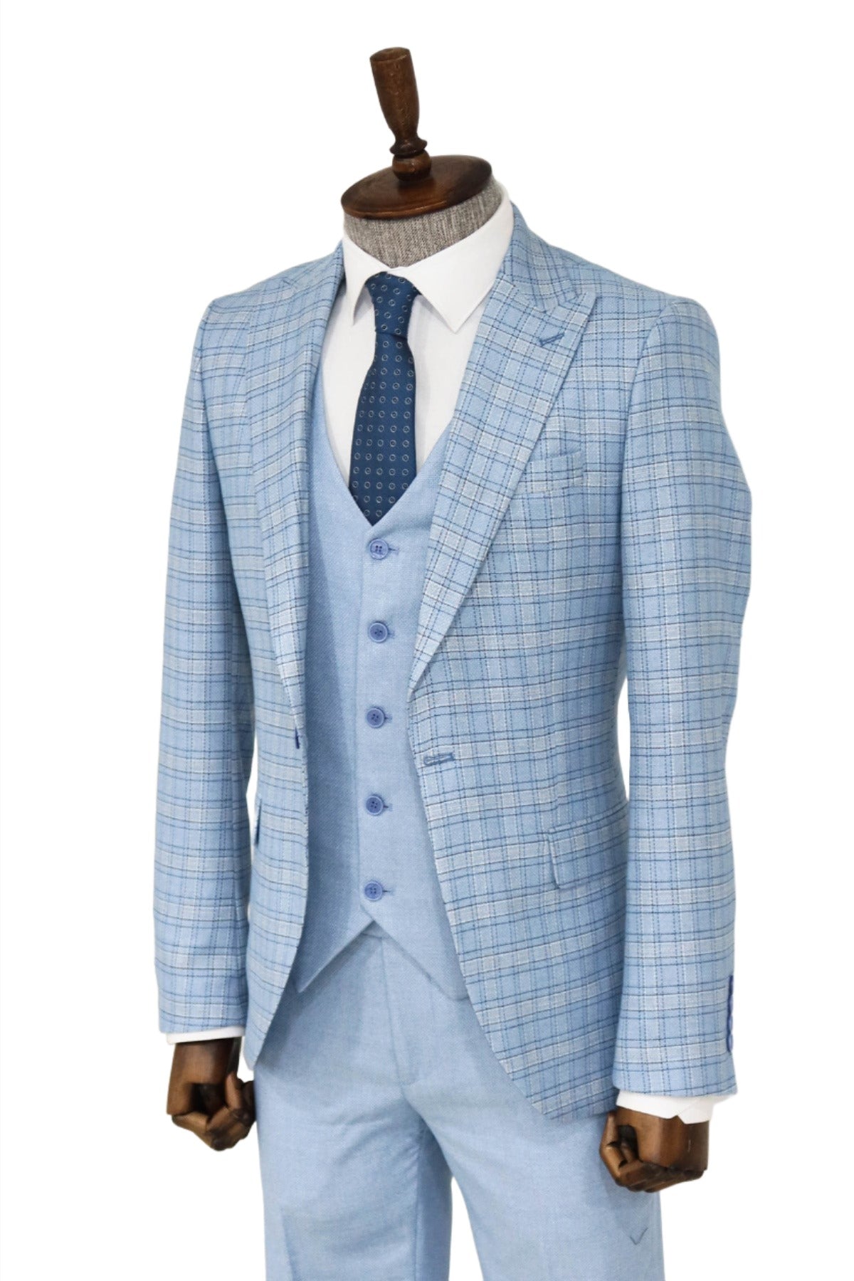 Checked Slim Fit Light Blue Men Suit and Shirt Combination-