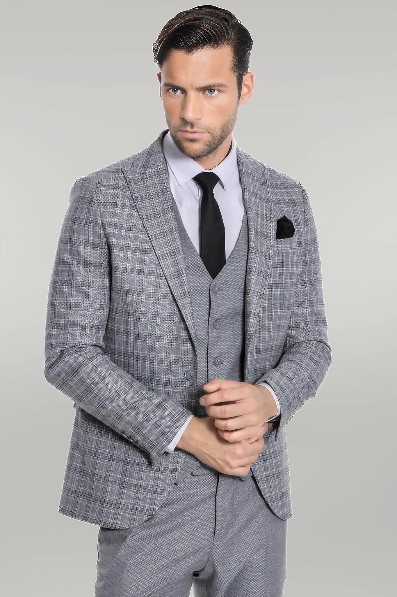 Checked Slim Fit Light Grey Men Suit