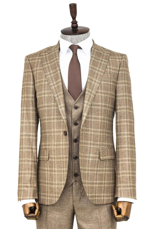 Checked Slim Fit Light Brown Men Suit and Shirt Combination-