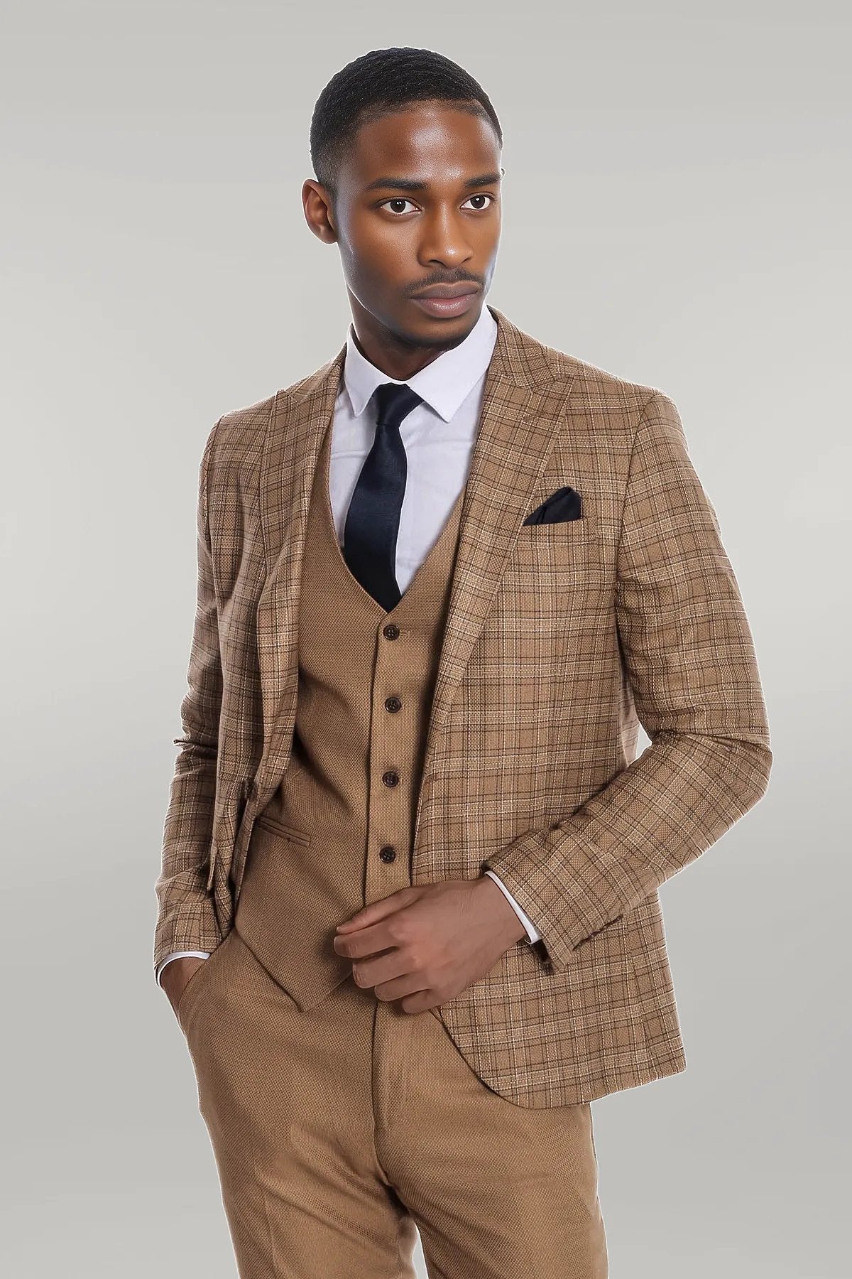 Checked Slim Fit Tan Men Suit