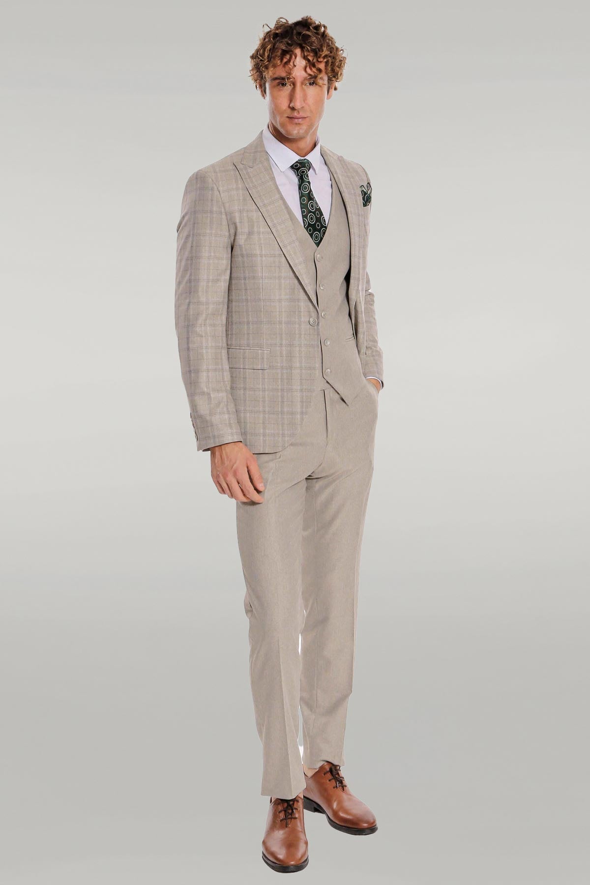 KOALA SYDNEY Checked Slim Fit Cream Men Suit