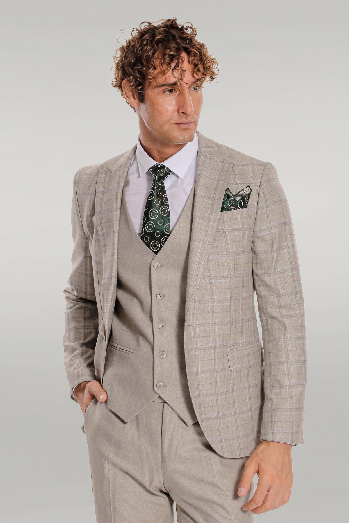 KOALA SYDNEY Checked Slim Fit Cream Men Suit
