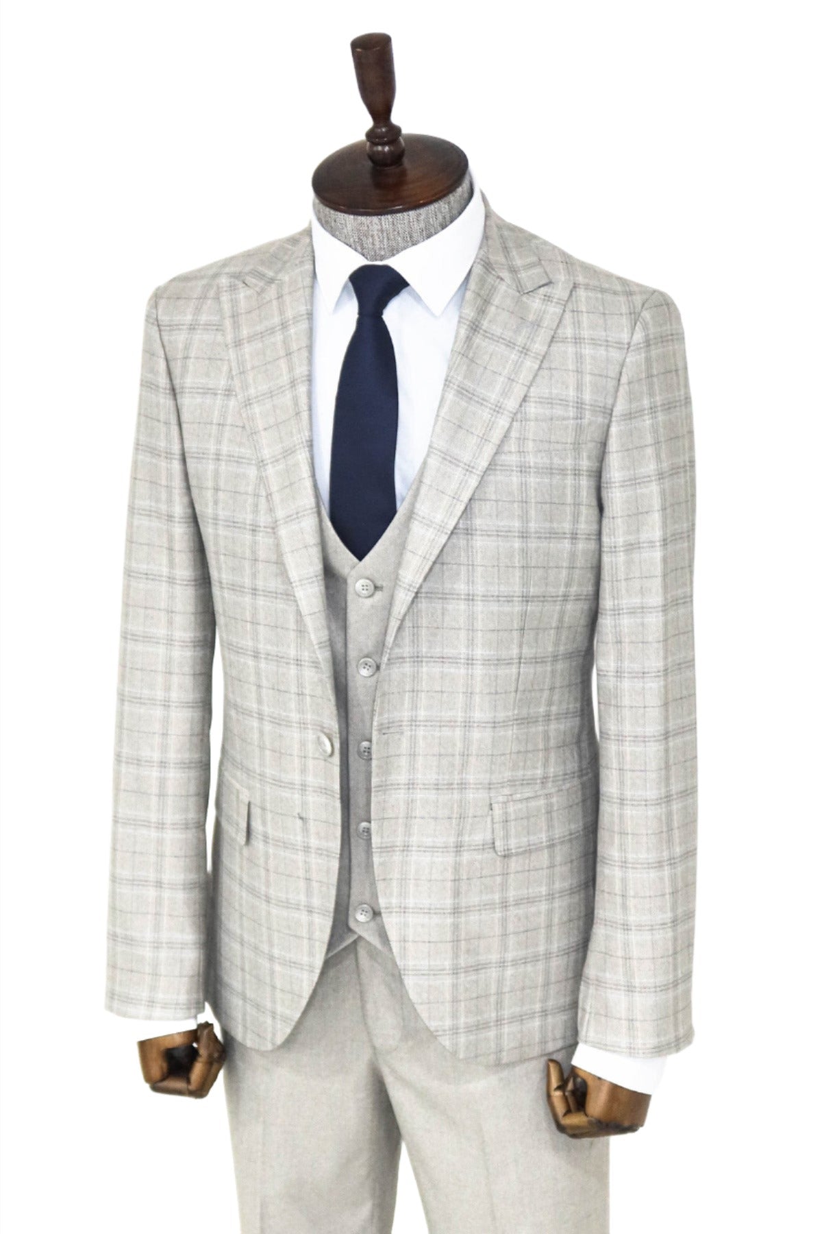 Checked Slim Fit Cream Men Suit and Shirt Combination