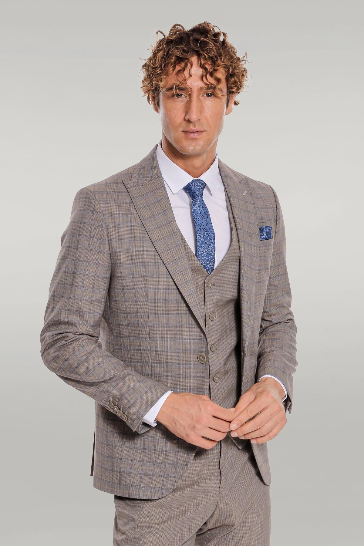 Checked Slim Fit Light Brown Men Suit