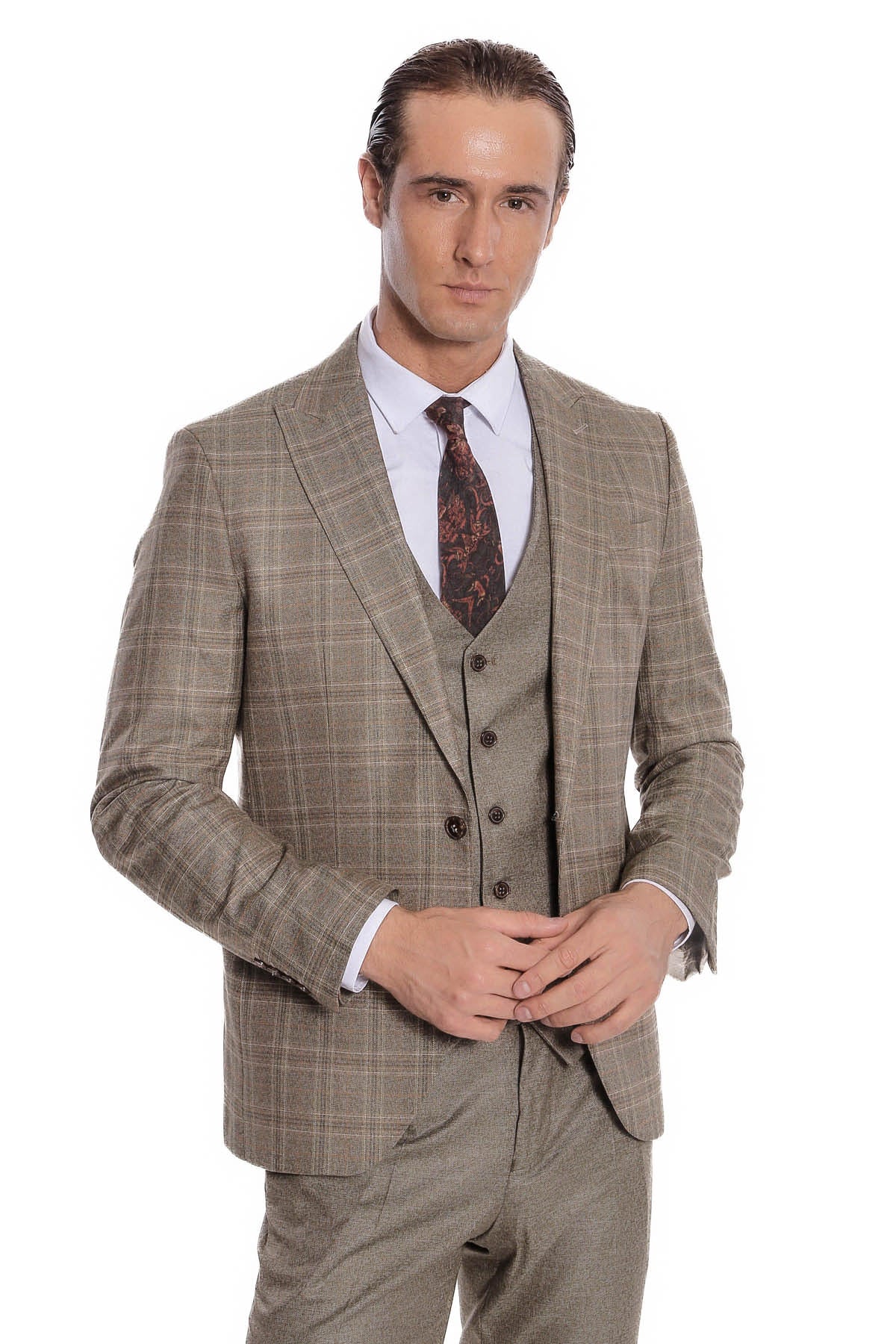 Checked Slim Fit Brown Men Suit