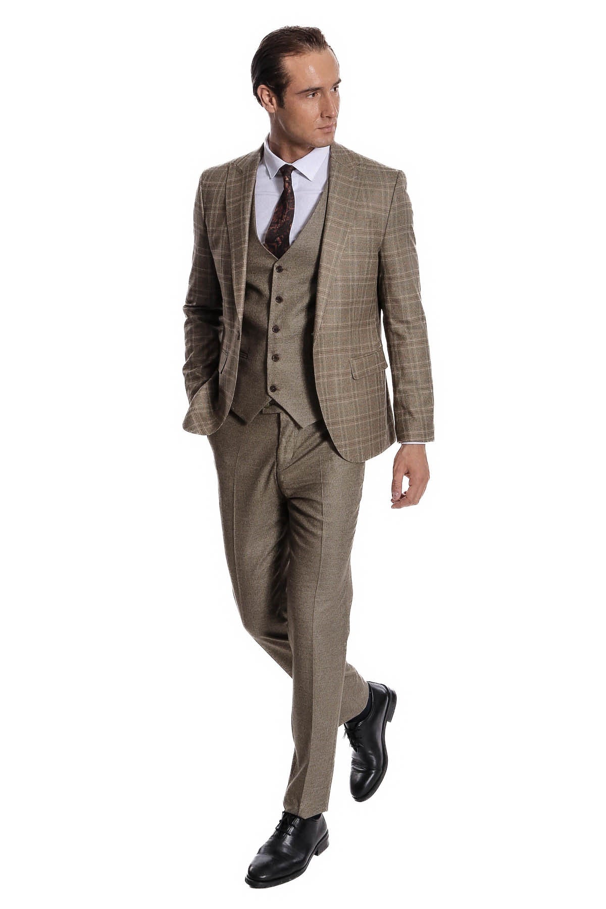 Checked Slim Fit Brown Men Suit