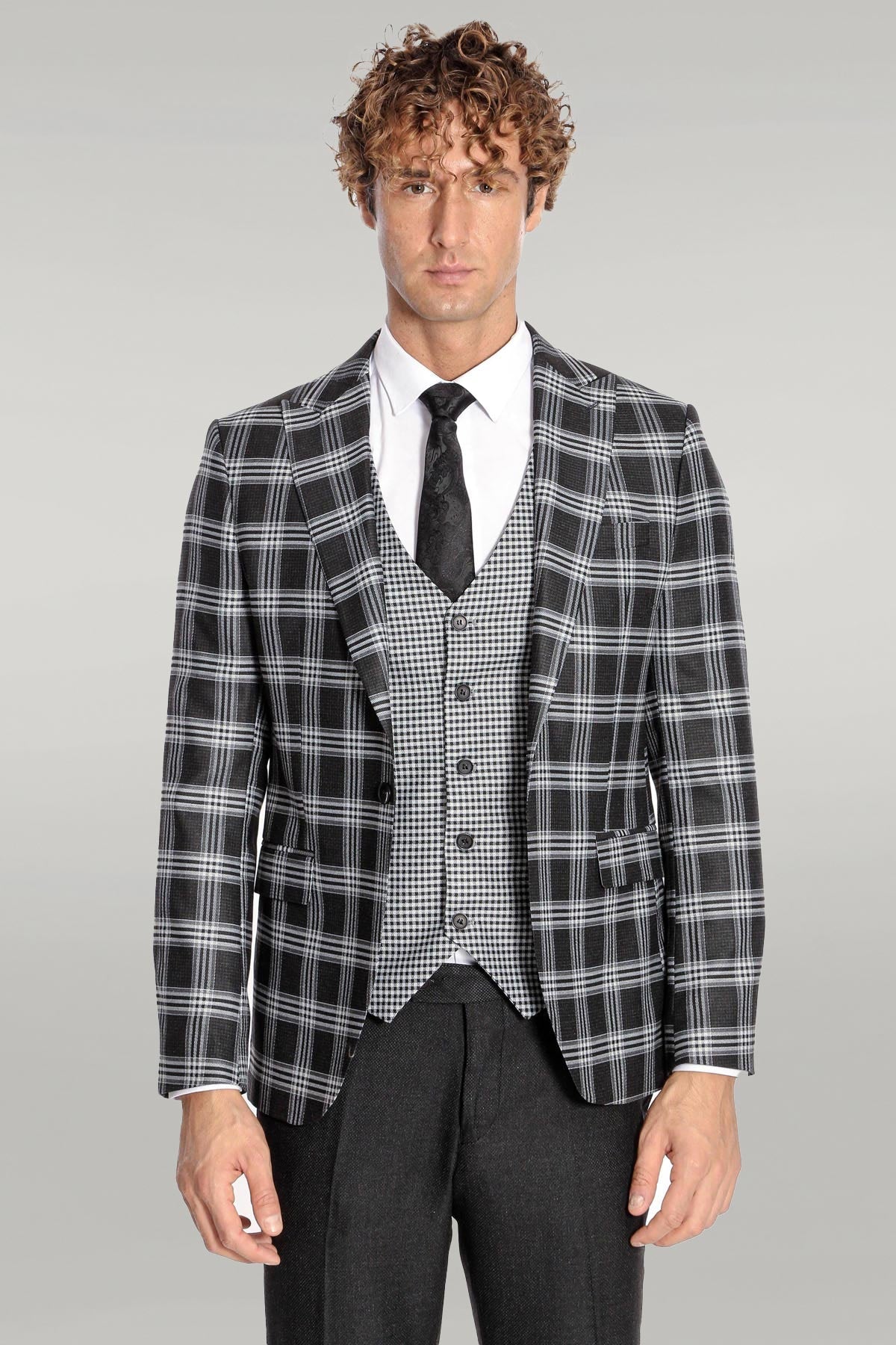 Slim Fit Patterned Checked Black Men Suit