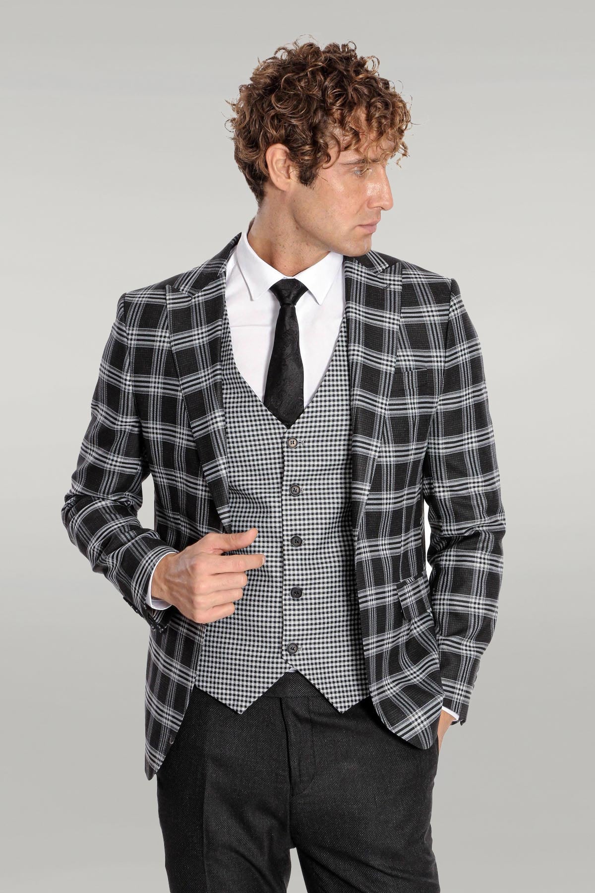 KOALA SYDNEY Slim Fit Patterned Checked Black Men Suit