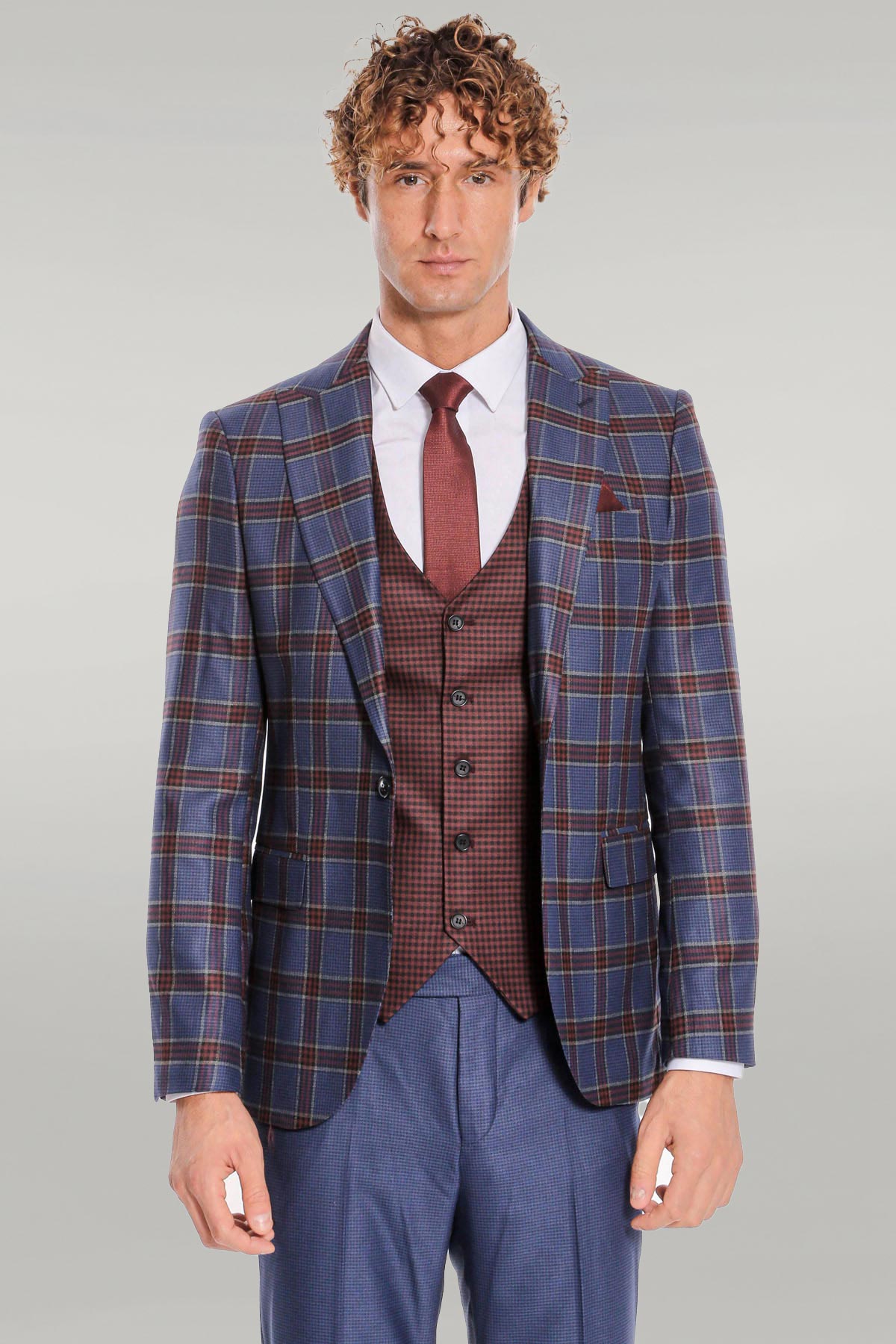 Patterned Checked Slim Fit Blue Men Suit