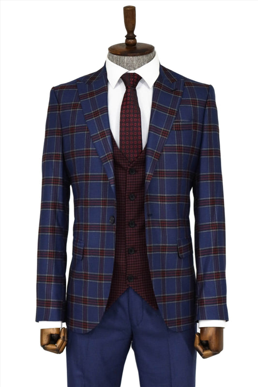 Patterned Checked Slim Fit Blue Men Suit and Shirt Combination-