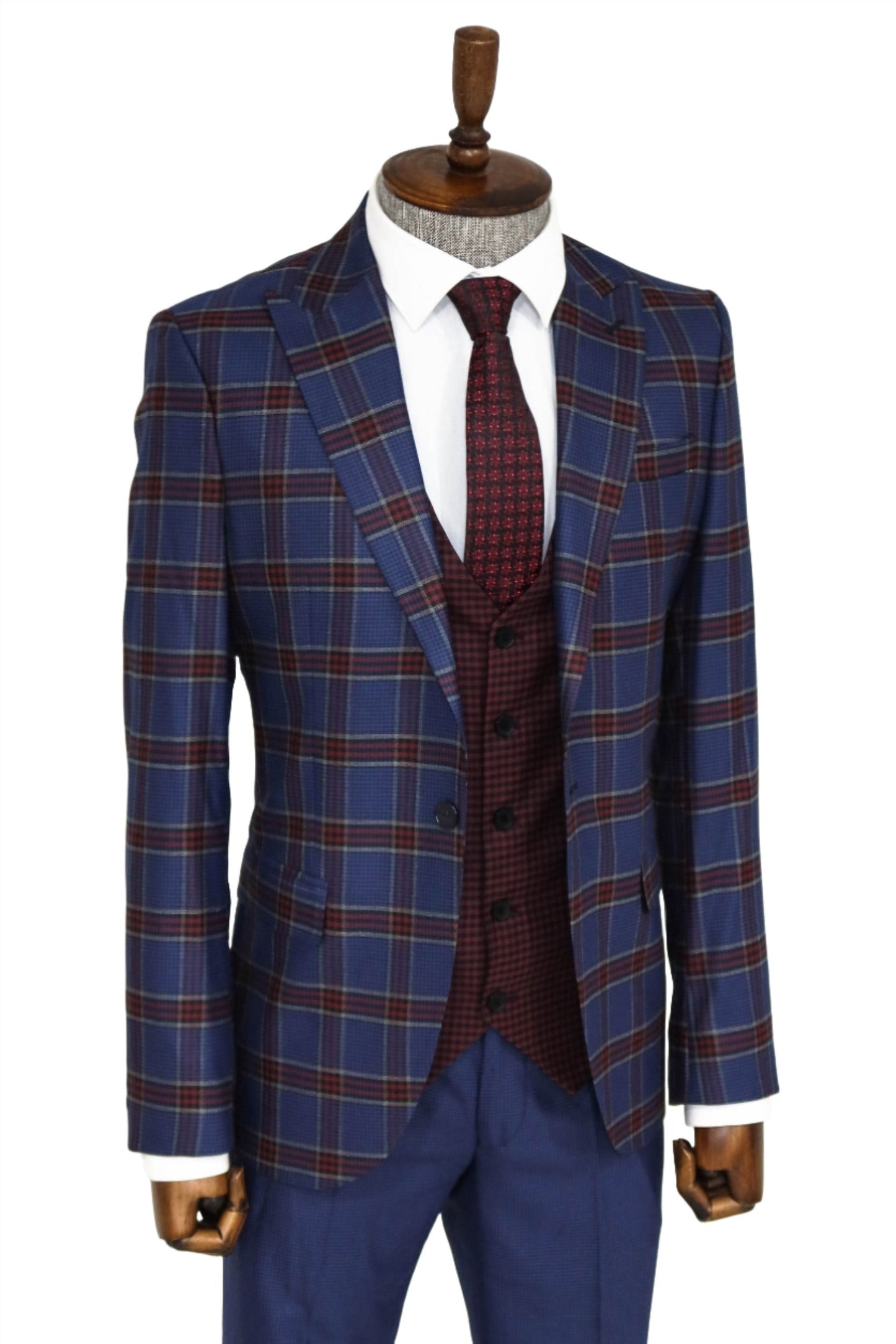 Patterned Checked Slim Fit Blue Men Suit and Shirt Combination