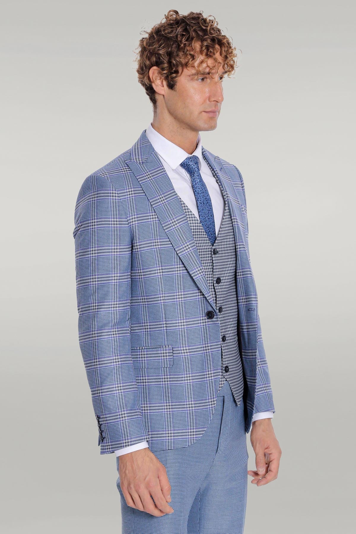 KOALA SYDNEY Patterned Checked Slim Fit Blue Men Suit -
