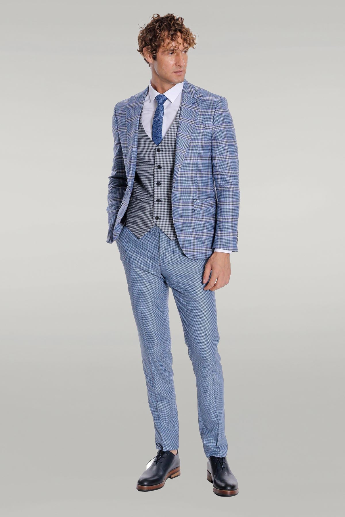 KOALA SYDNEY Patterned Checked Slim Fit Blue Men Suit
