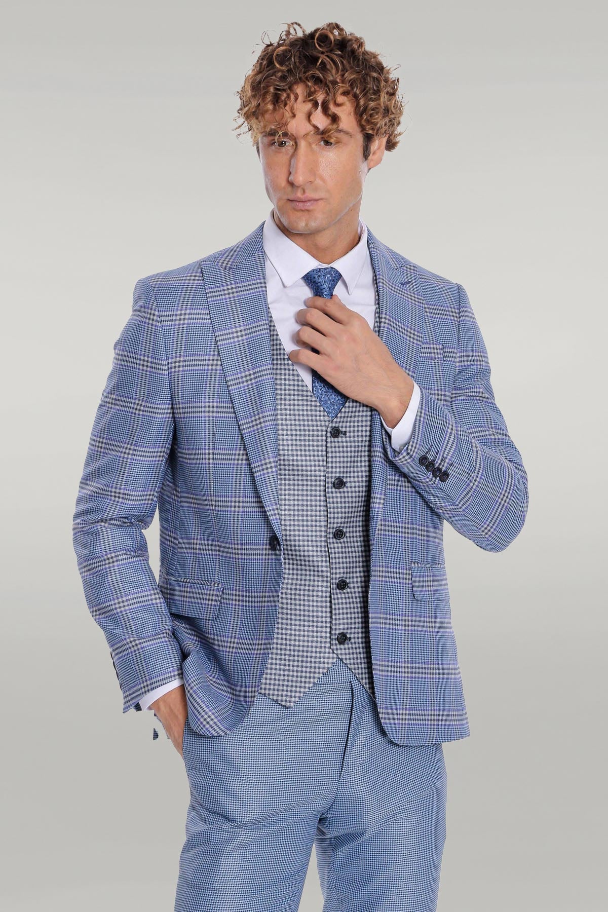 KOALA SYDNEY Patterned Checked Slim Fit Blue Men Suit