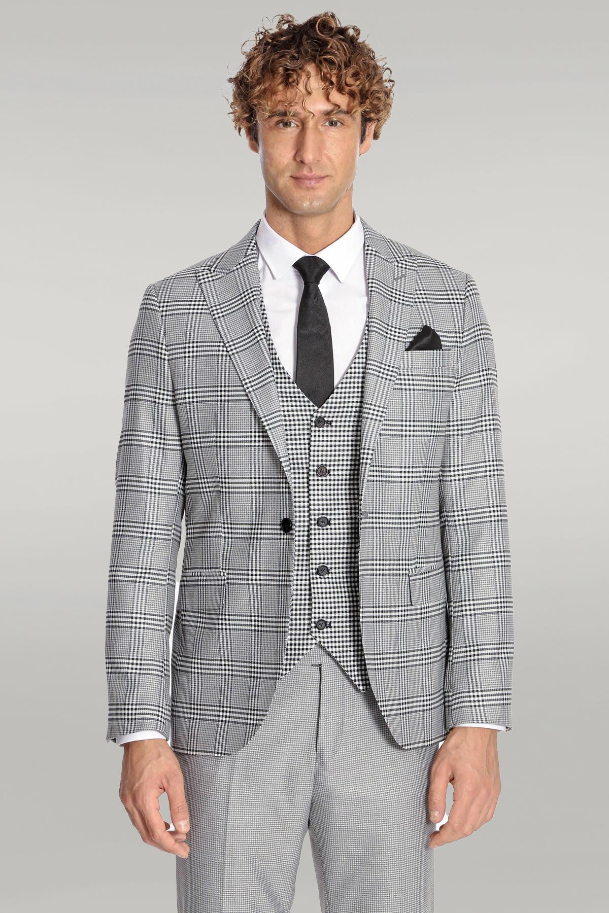 Slim Fit Patterned Checked Grey Men Suit