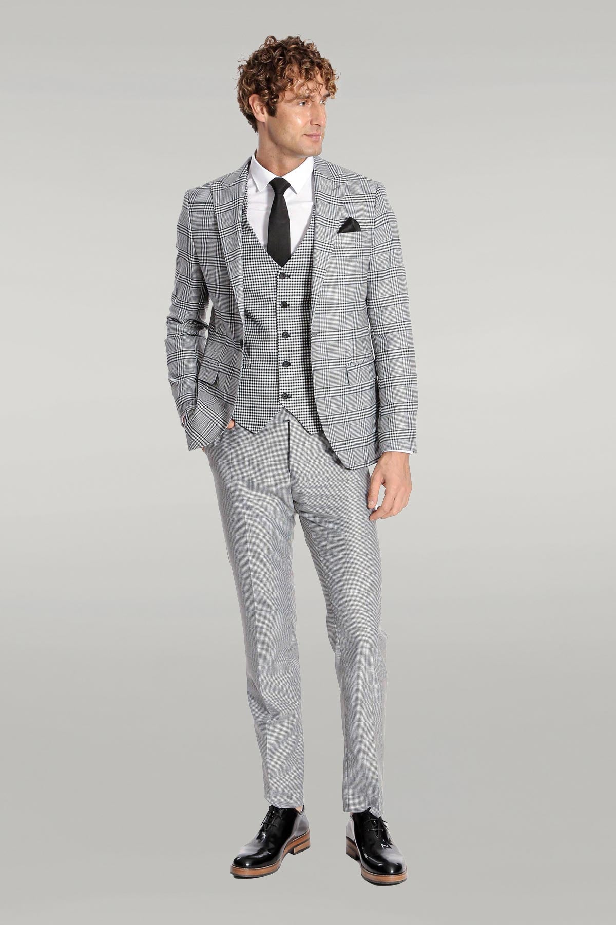 KOALA SYDNEY Slim Fit Patterned Checked Grey Men Suit