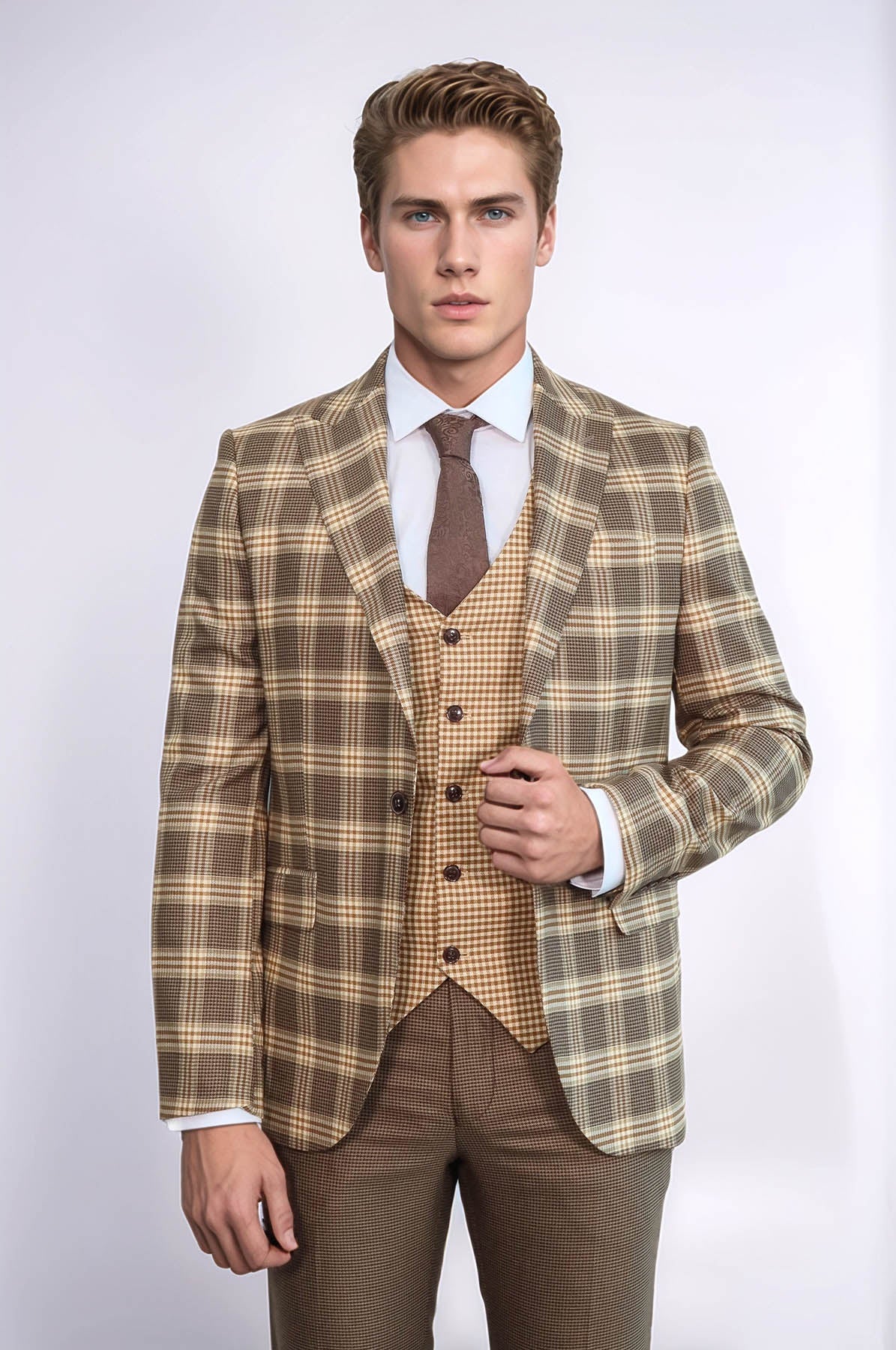 KOALA SYDNEY Slim Fit Patterned Checked Light Brown Men Suit -