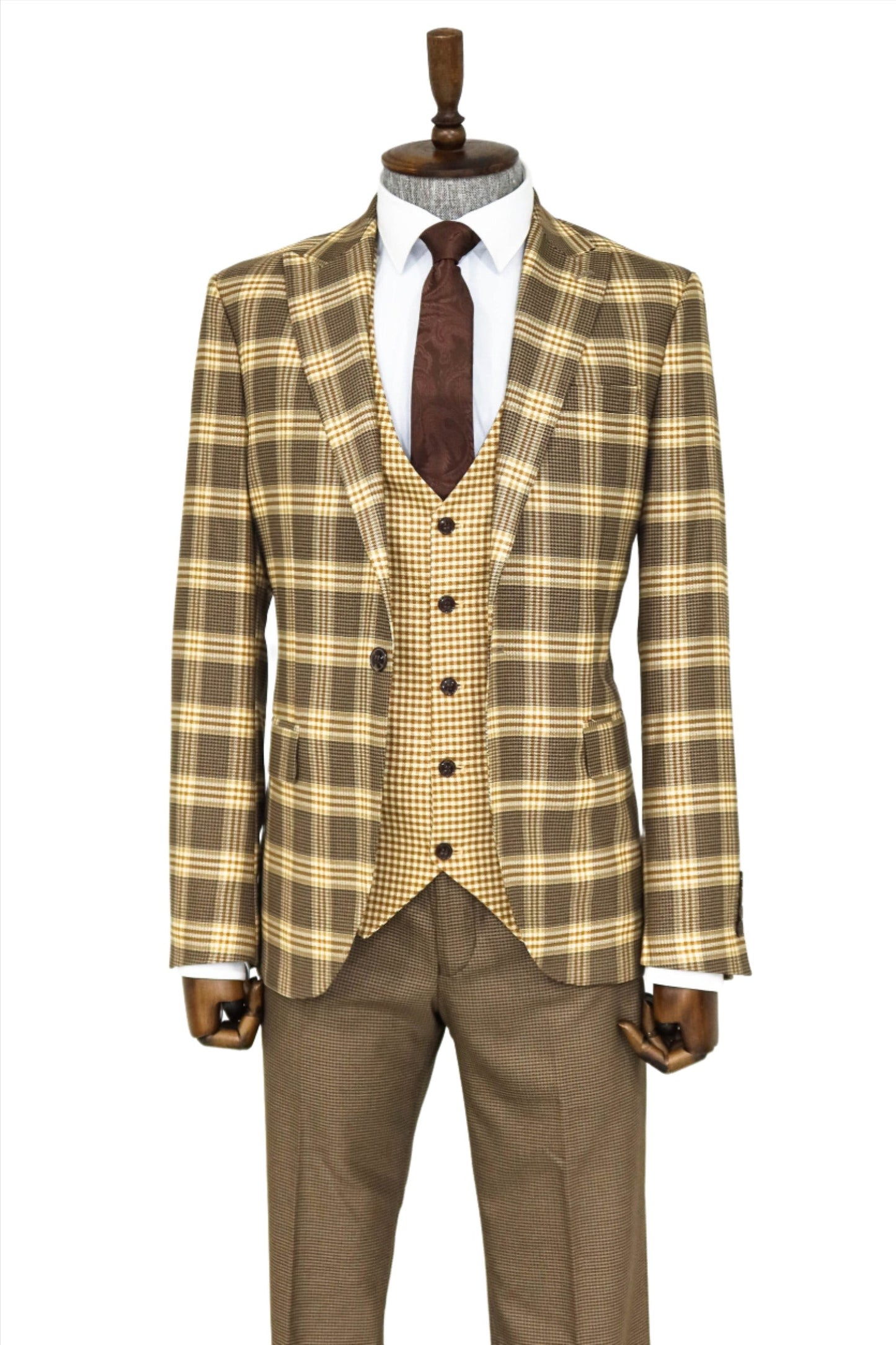 KOALA SYDNEY Slim Fit Patterned Checked Light Brown Men Suit and Shirt Combination