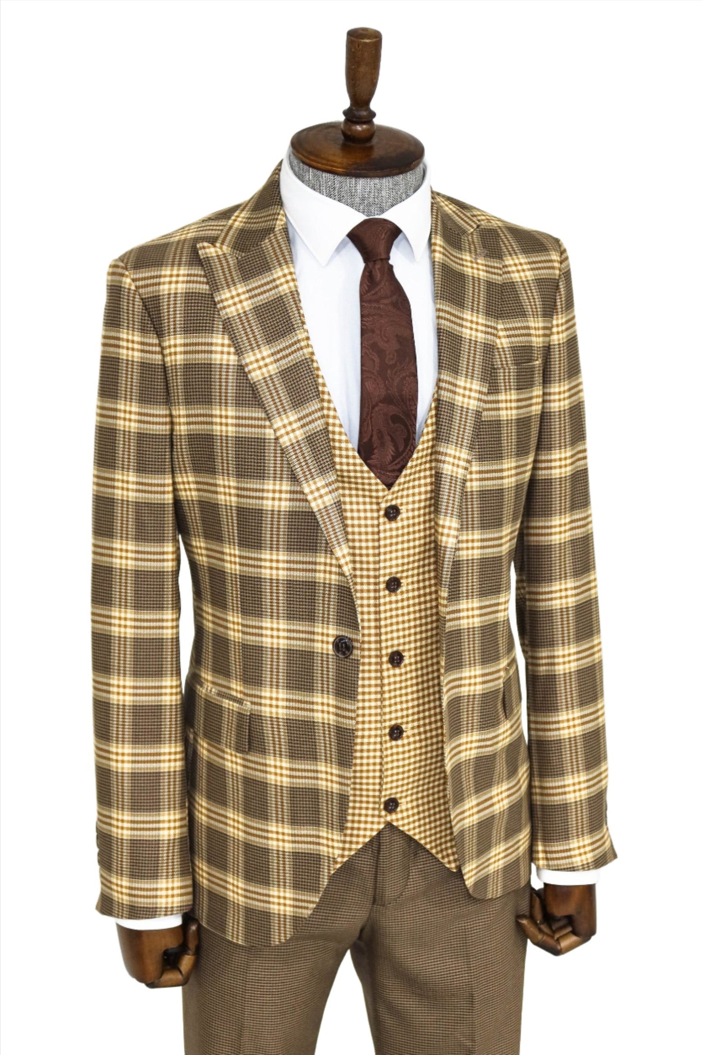 KOALA SYDNEY Slim Fit Patterned Checked Light Brown Men Suit and Shirt Combination