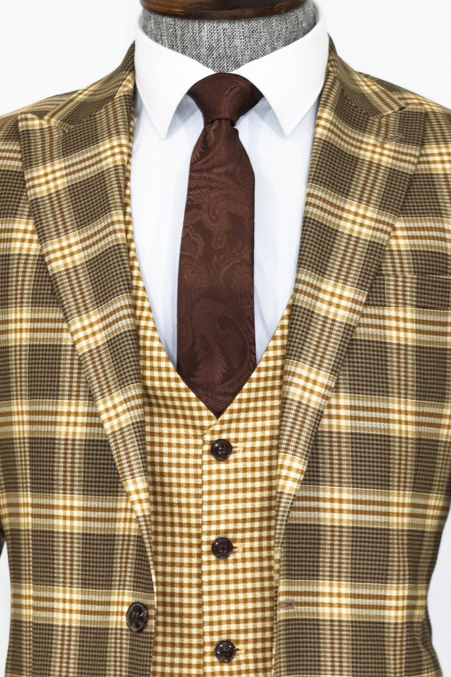 KOALA SYDNEY Slim Fit Patterned Checked Light Brown Men Suit and Shirt Combination