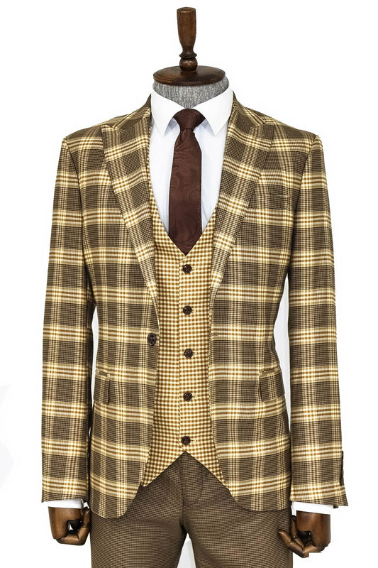 Slim Fit Patterned Checked Light Brown Men Suit and Shirt Combination-