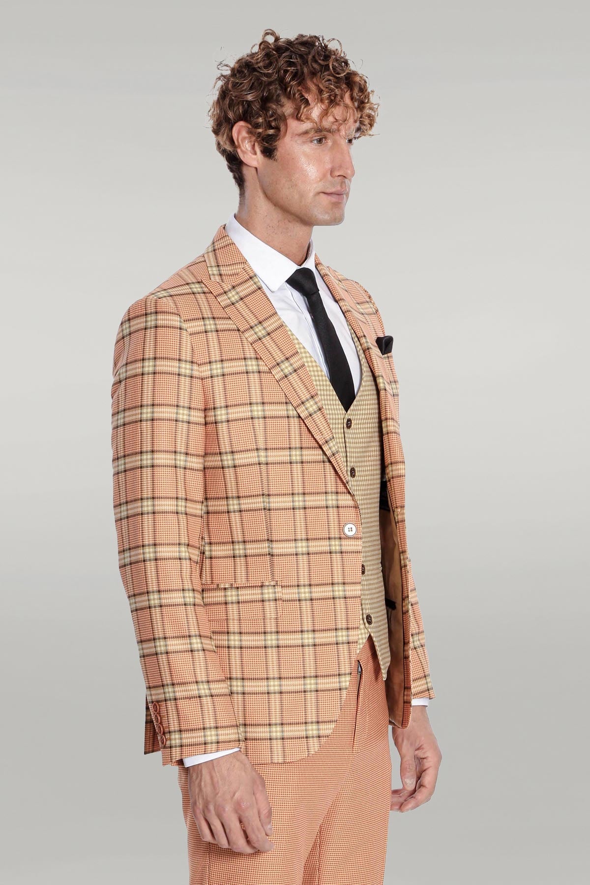 KOALA SYDNEY Slim Fit Patterned Checked Orange Men Suit