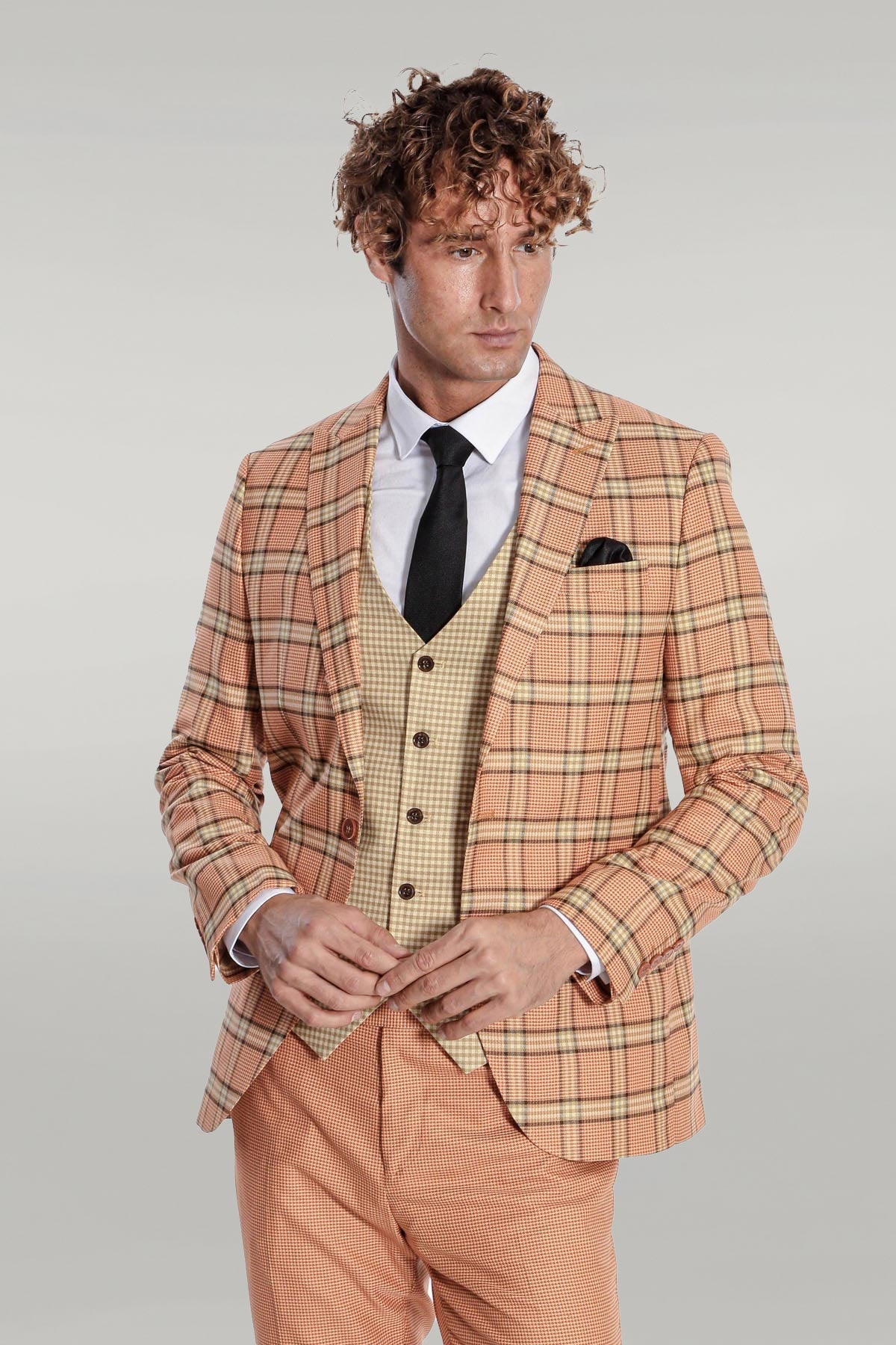 KOALA SYDNEY Slim Fit Patterned Checked Orange Men Suit -