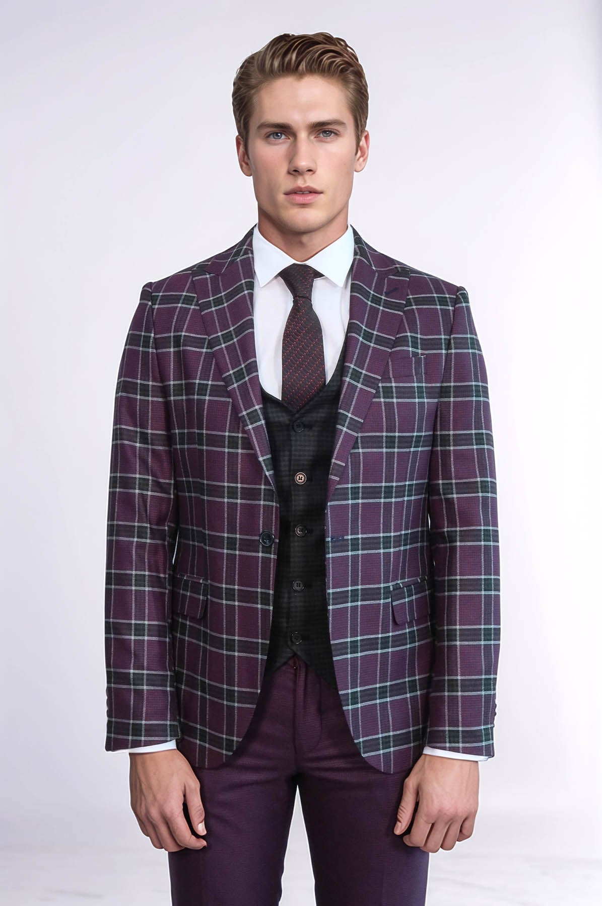 KOALA SYDNEY Slim Fit Patterned Checked Burgundy Men Suit