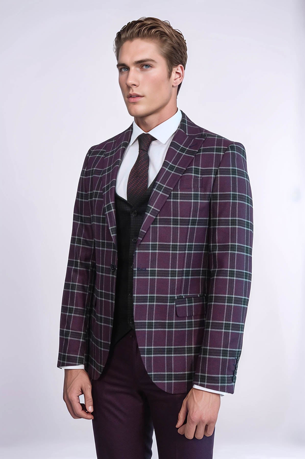 KOALA SYDNEY Slim Fit Patterned Checked Burgundy Men Suit
