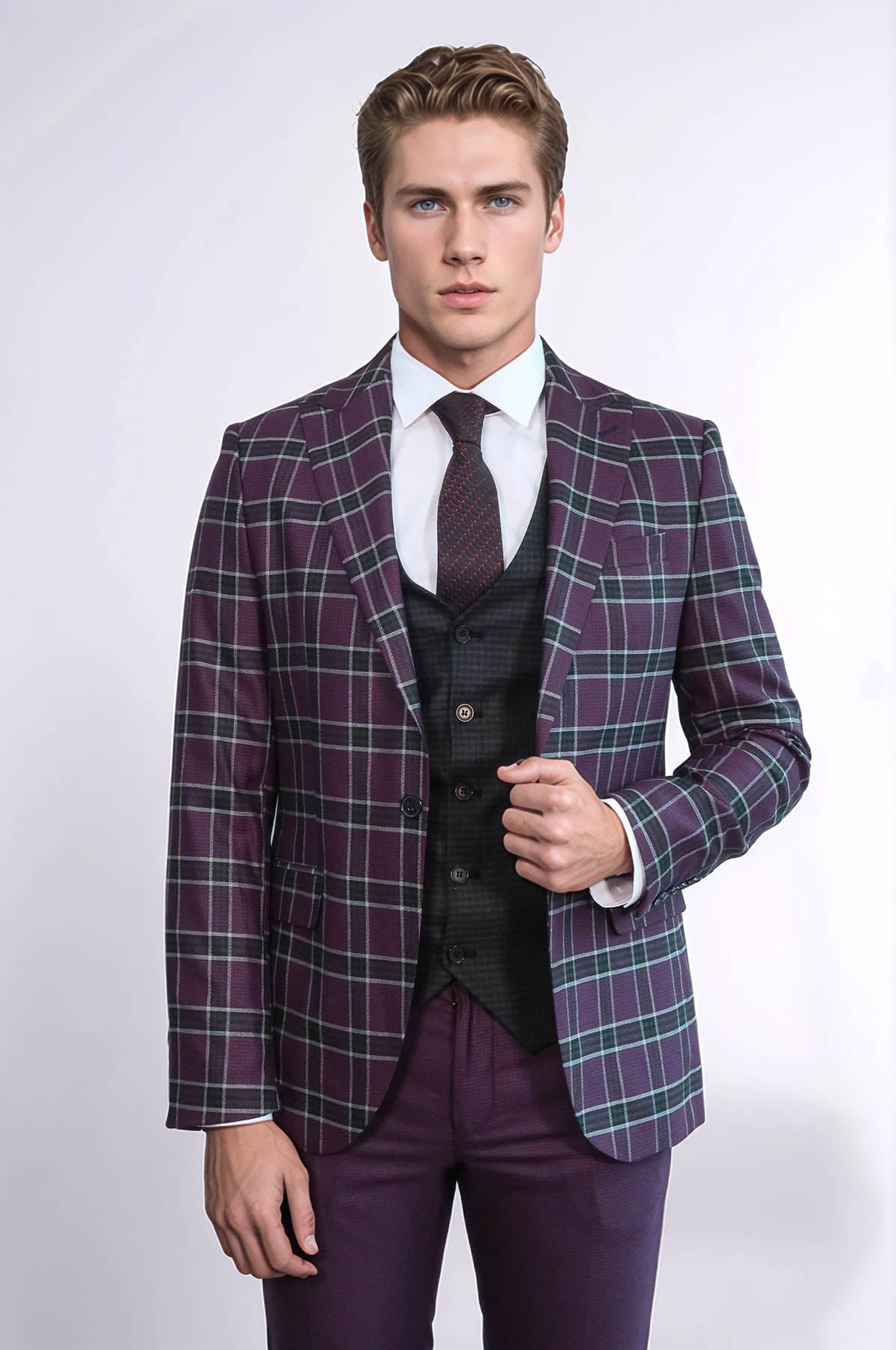 KOALA SYDNEY Slim Fit Patterned Checked Burgundy Men Suit