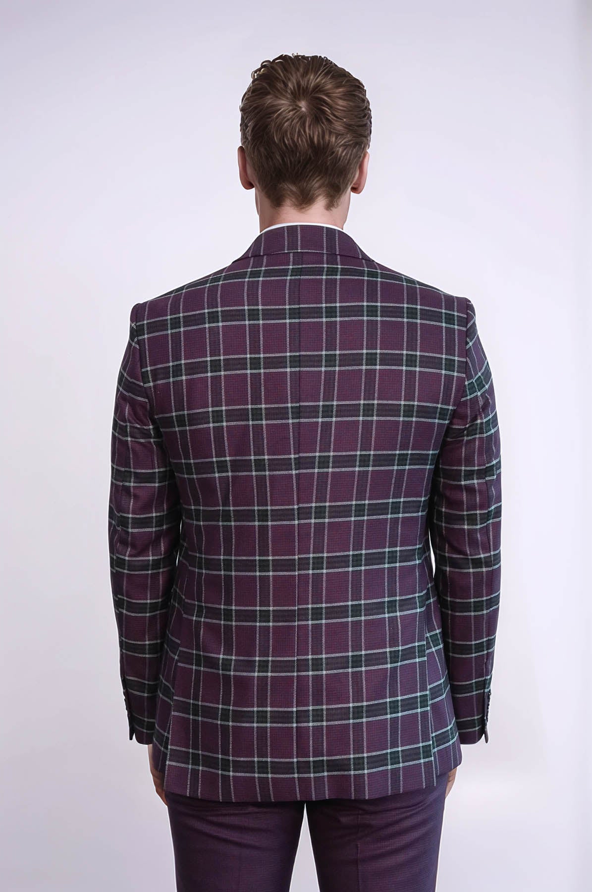 Slim Fit Patterned Checked Burgundy Men Suit