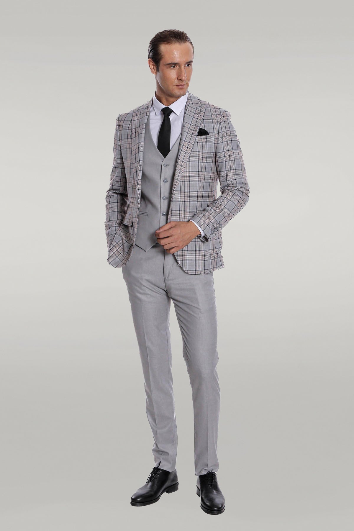 KOALA SYDNEY Checked Slim Fit Light Grey Men Suit