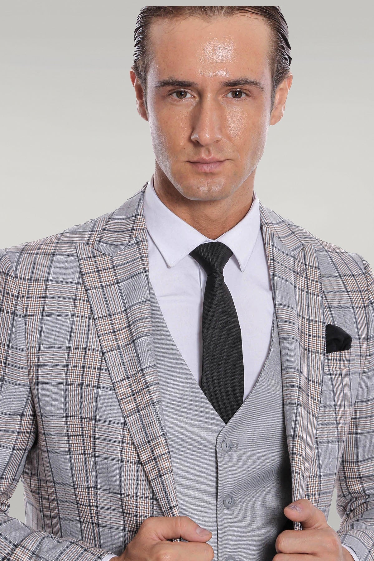 KOALA SYDNEY Checked Slim Fit Light Grey Men Suit