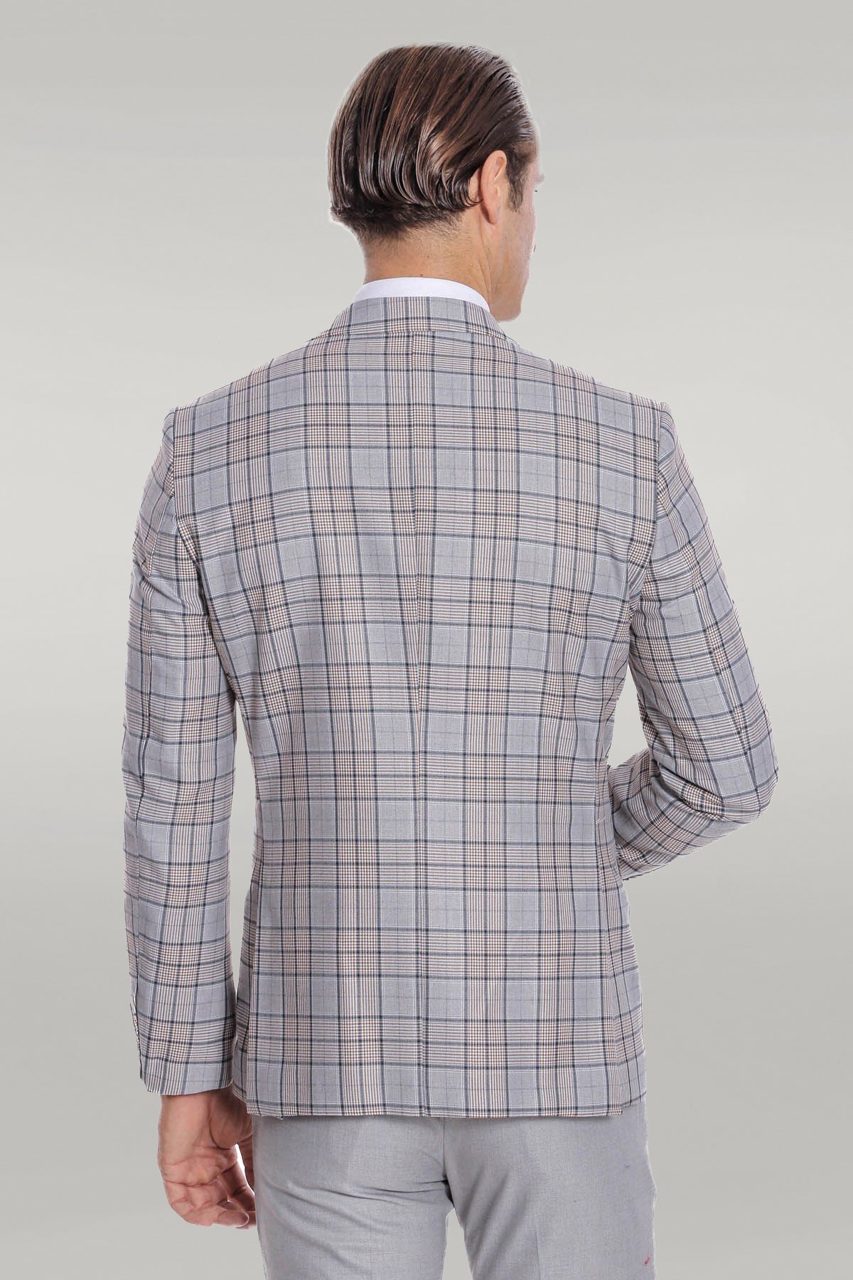 Checked Slim Fit Light Grey Men Suit