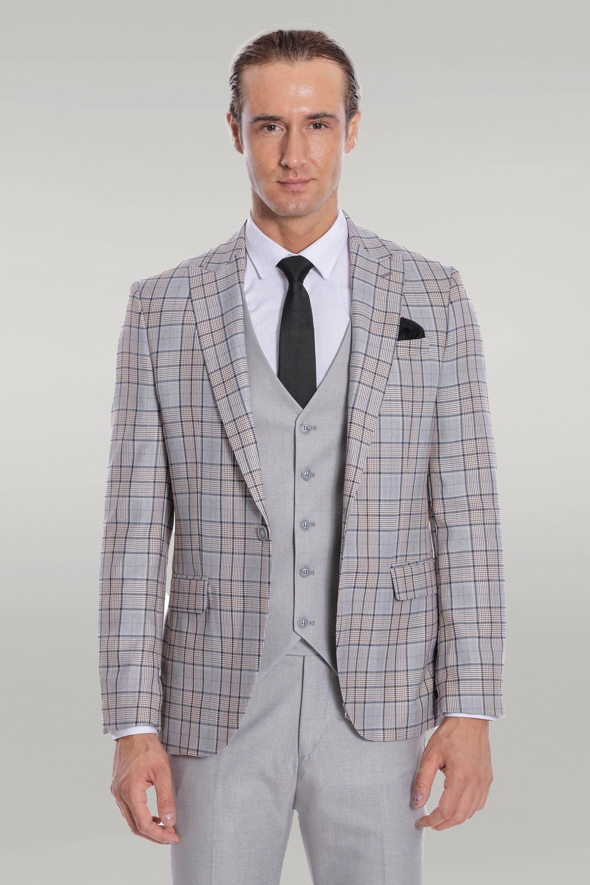KOALA SYDNEY Checked Slim Fit Light Grey Men Suit