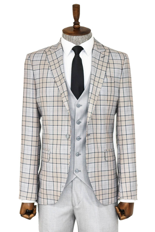 Checked Slim Fit Light Grey Men Suit and Shirt Combination -
