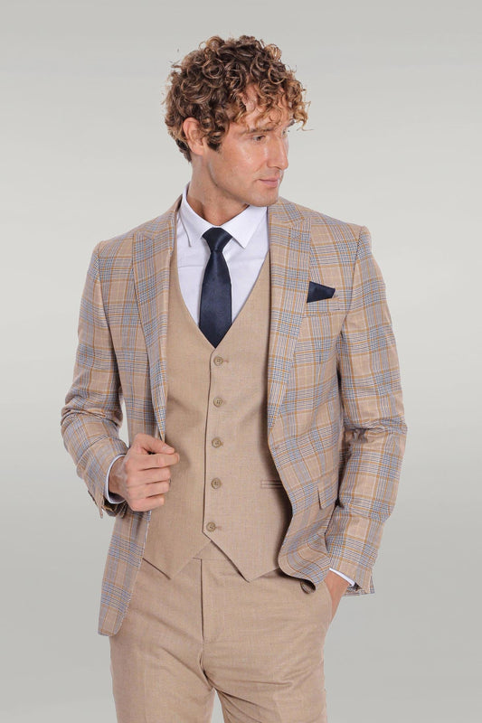 Checked Slim Fit Beige Men Suit