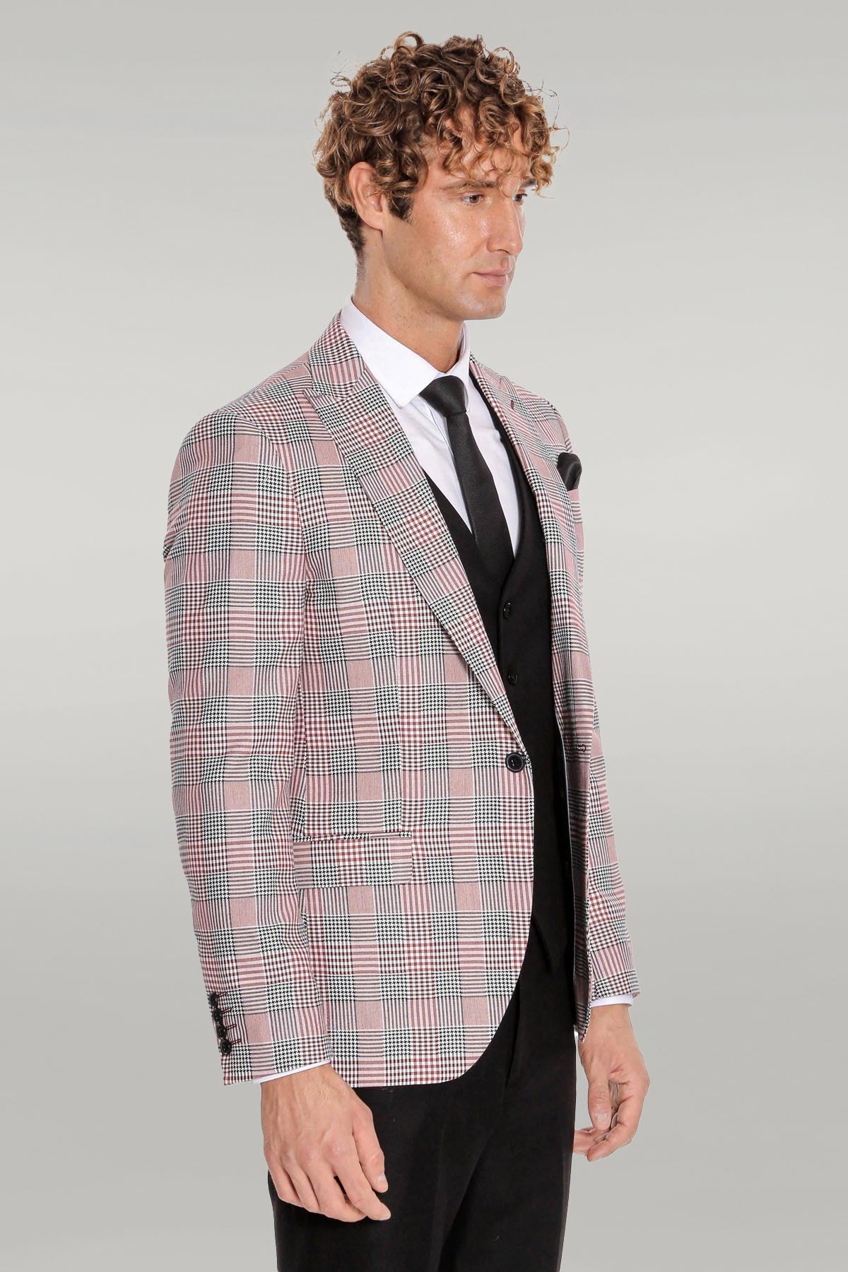 Checked Slim Fit Burgundy Men Suit