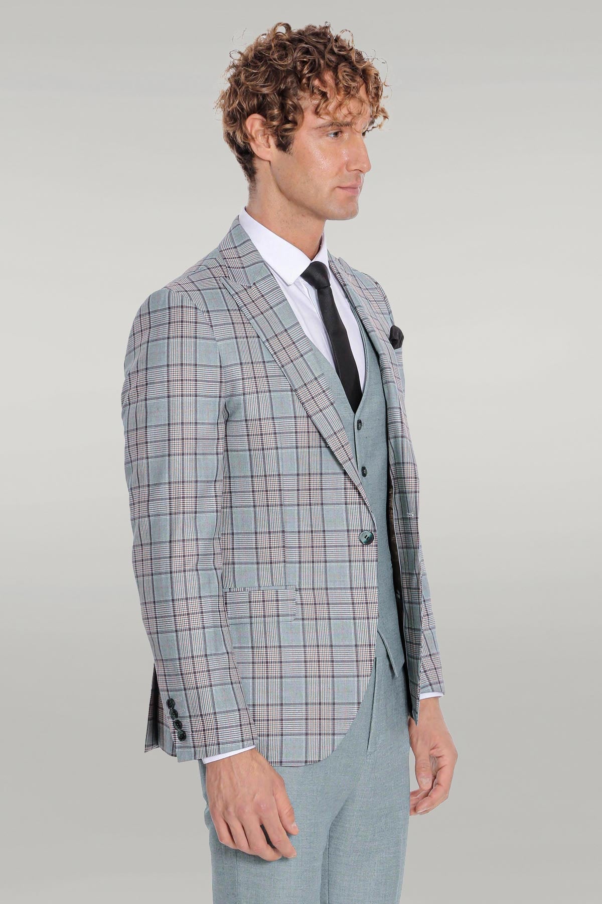 Checked Slim Fit Light Green Men Suit