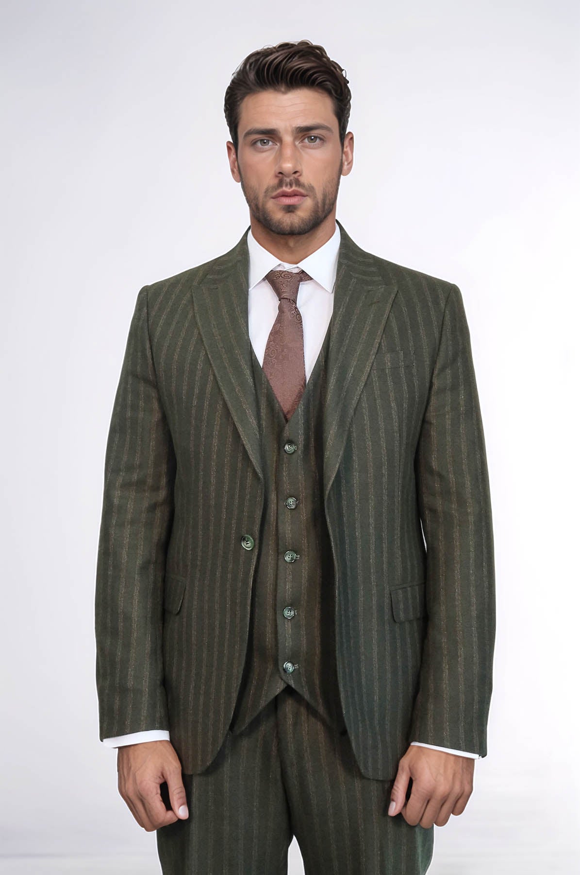 KOALA SYDNEY Green Striped Slim-Fit Vested Suit -