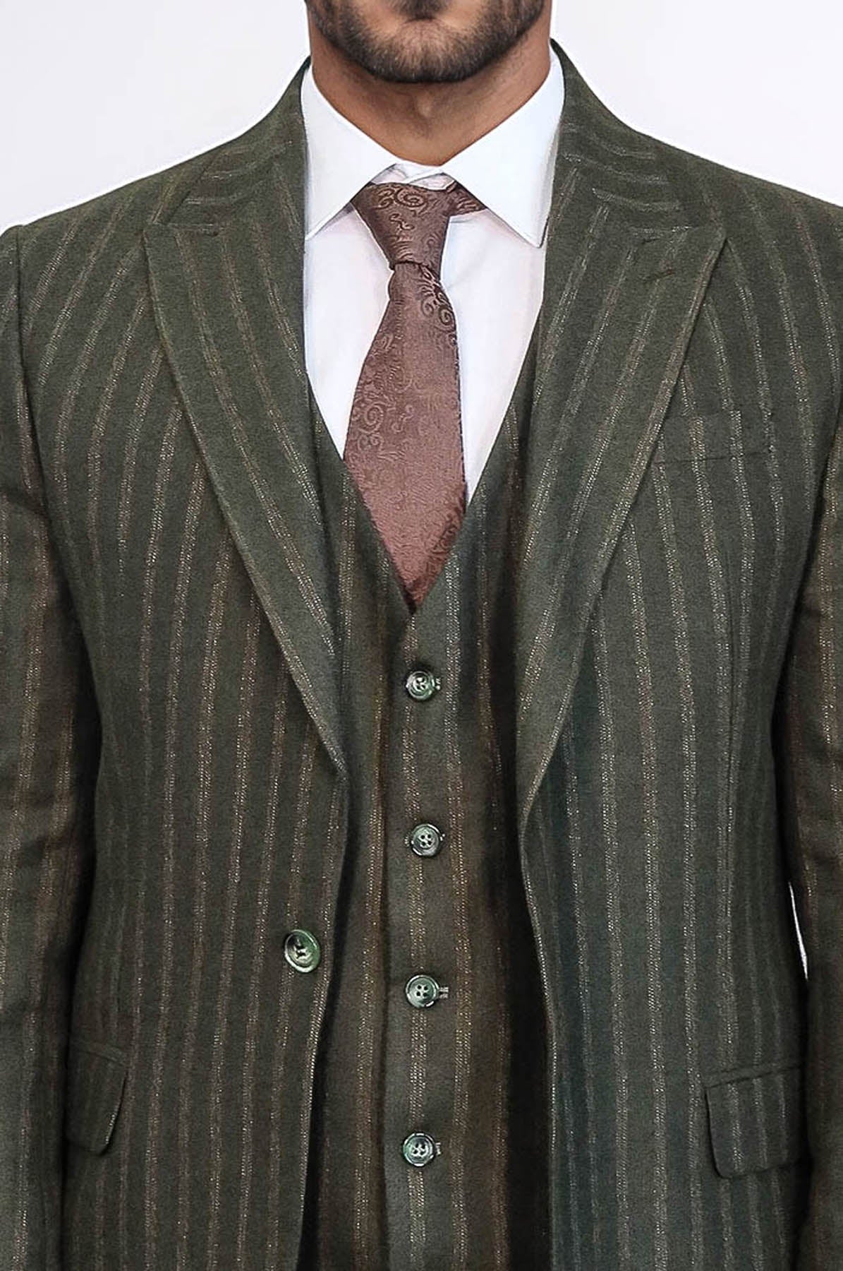KOALA SYDNEY Green Striped Slim-Fit Vested Suit -