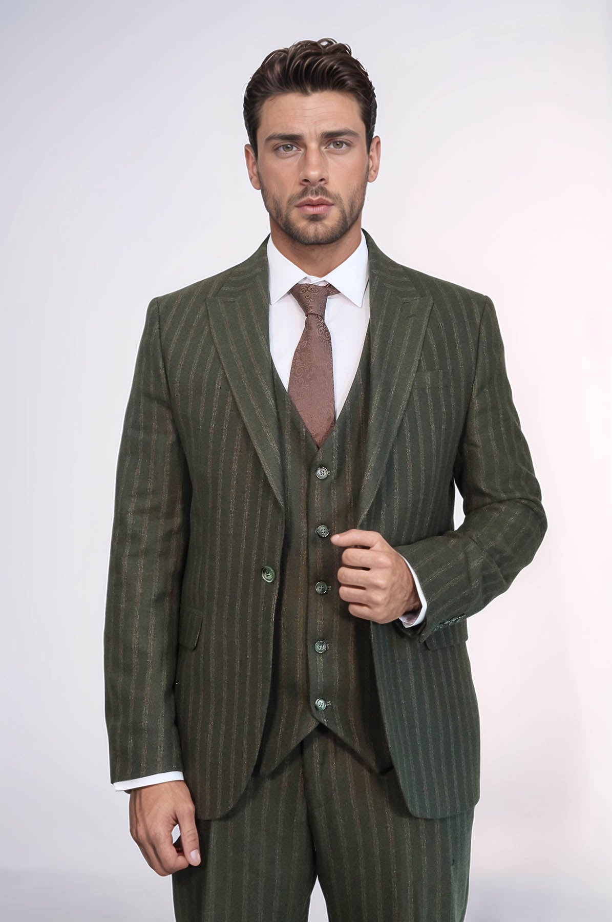 KOALA SYDNEY Green Striped Slim-Fit Vested Suit -