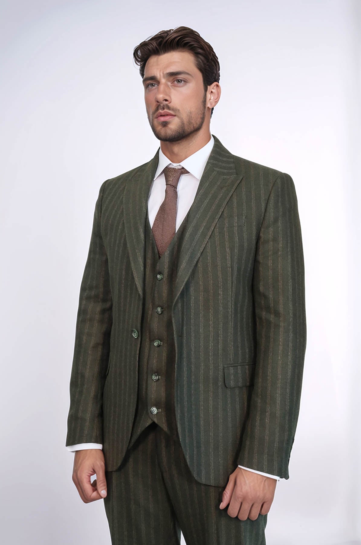 KOALA SYDNEY Green Striped Slim-Fit Vested Suit -