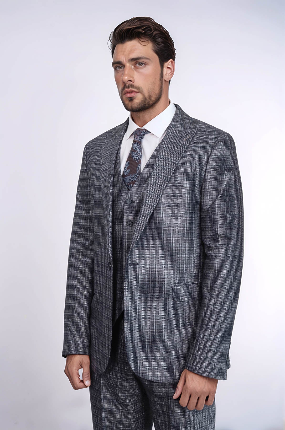 KOALA SYDNEY Patterned Vested Slim-Fit Navy Blue Men Suit -